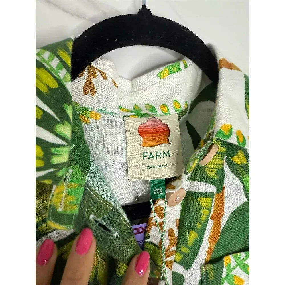 Farm Rio XXS Green white Tropical Leaf Print Jumpsuit Linen Resort Anthropologie - Picture 7 of 16